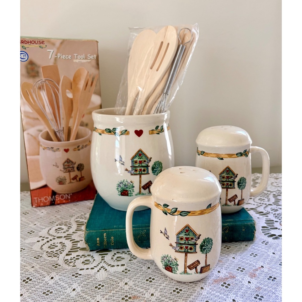 Thomson Pottery Birdhouse Kitchen Set Utensil Crock Salt Pepper Shakers 10pc